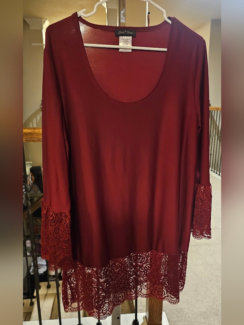 Burgundy Lace-Trim Long Sleeve Women's Top
